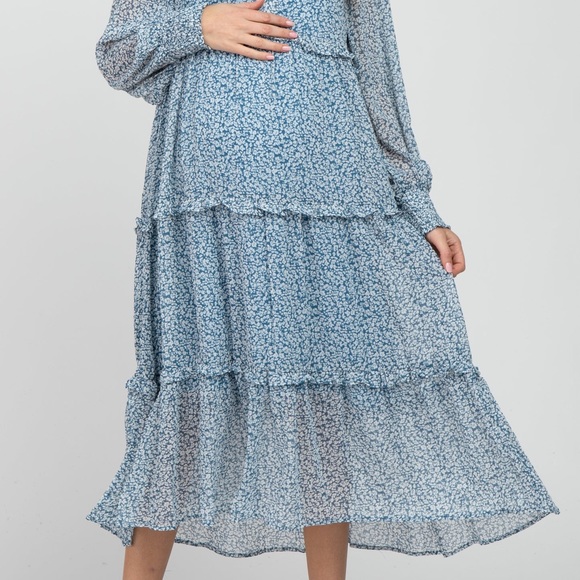 PinkBlush Blue Floral Print Ruffle Tiered Maternity Dress - Picture 5 of 9